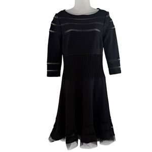 Tadashi Shoji Mesh Illusion Stripe Fit &Flare Dress Medium Black 3/4 Sleeves